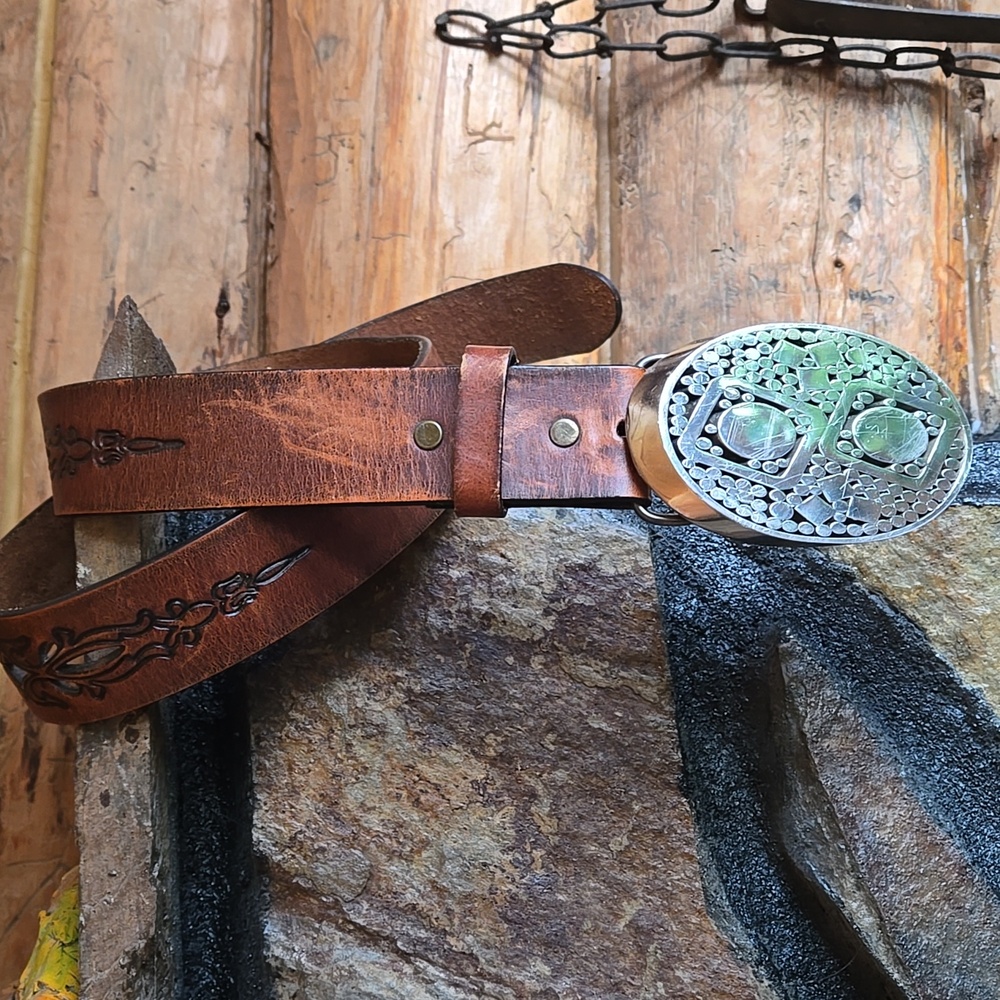 Vintage Brown Scrolled design Genuine Leather Belt & Heavy Cast Buckle